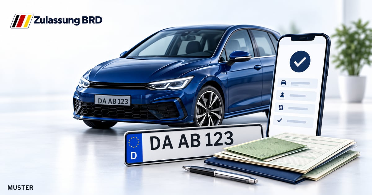 Online Fahrzeugzulassung in Seeheim-Jugenheim: Musterkennzeichen DA AB 123, Auto und Fahrzeugpapiere und Smartphone. Illustration mit Logo von Zulassung BRD.